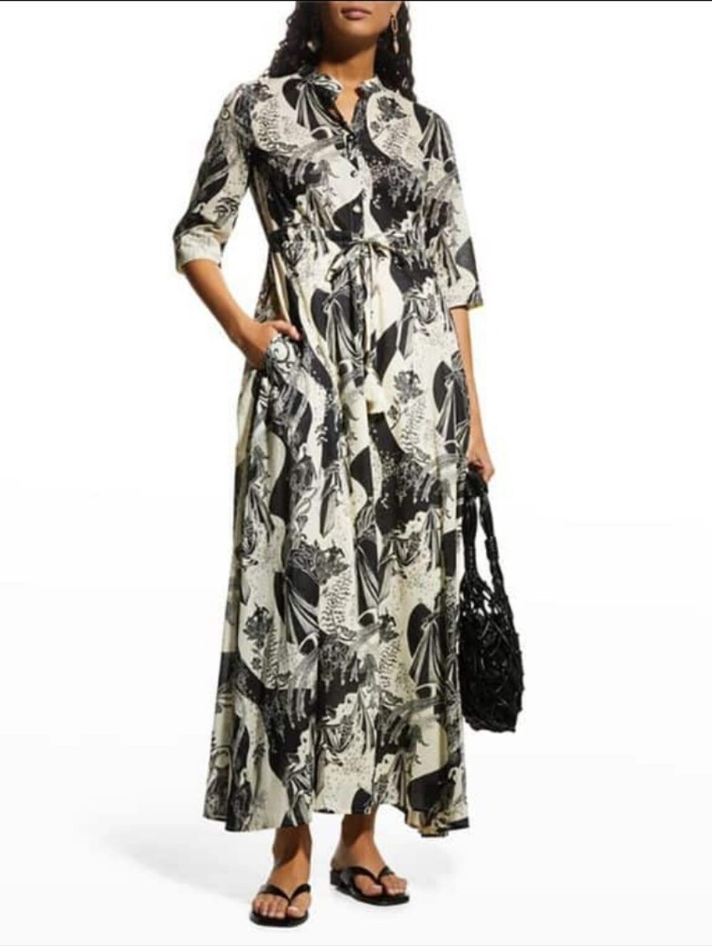 Tory Burch Tie-Waist Maxi Dress in Enchanting Black & Cream Print, Size M